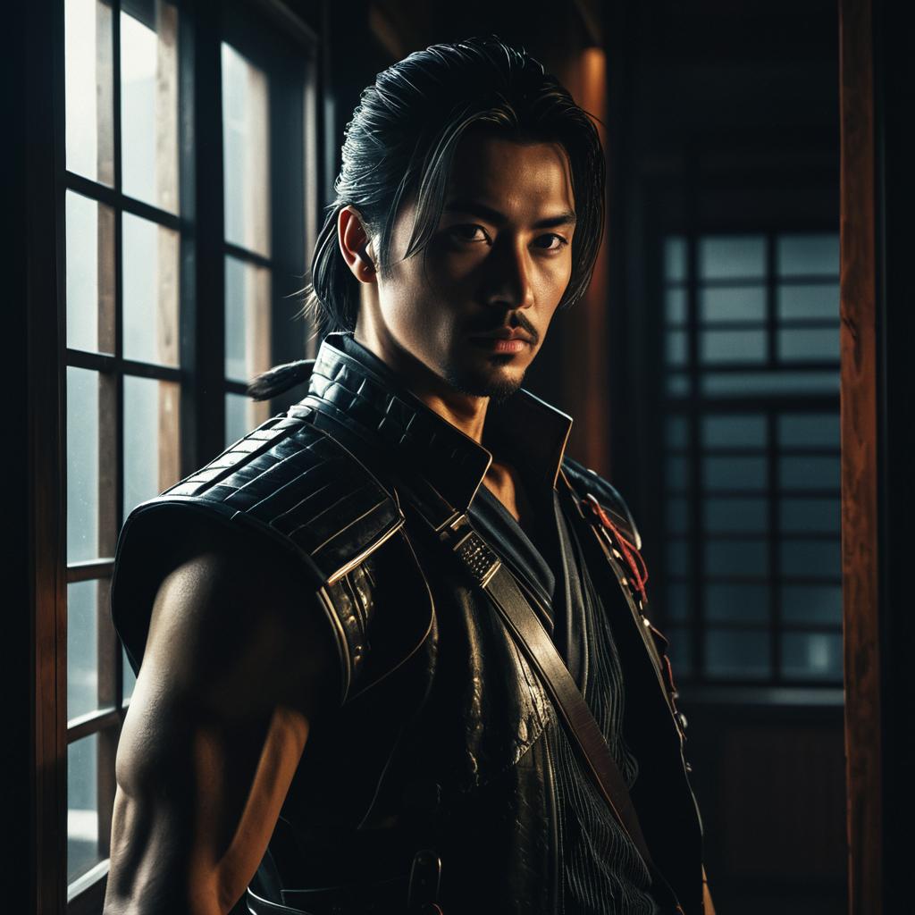 Intense Asian Samurai Warrior in Traditional Armor Near Window