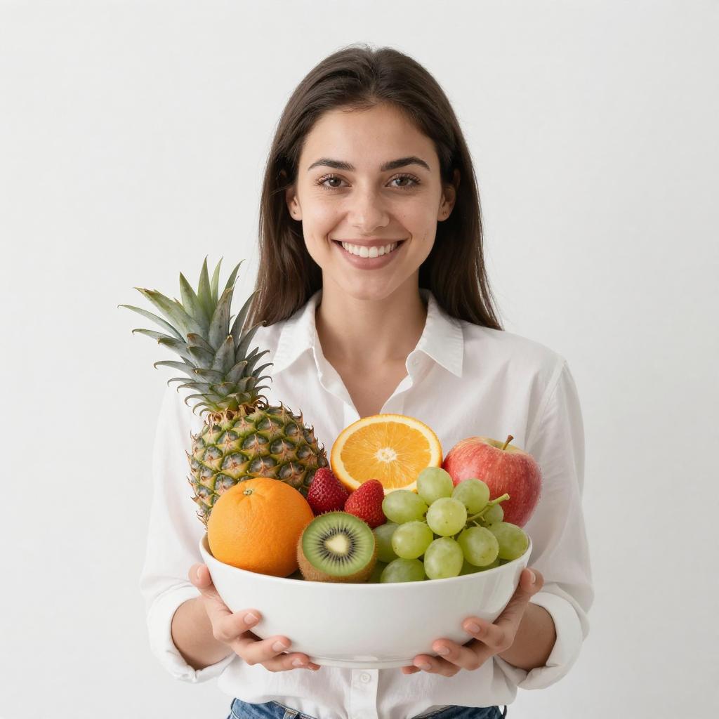 Smiling Woman Holding Bowl of Fresh Mixed Fruits