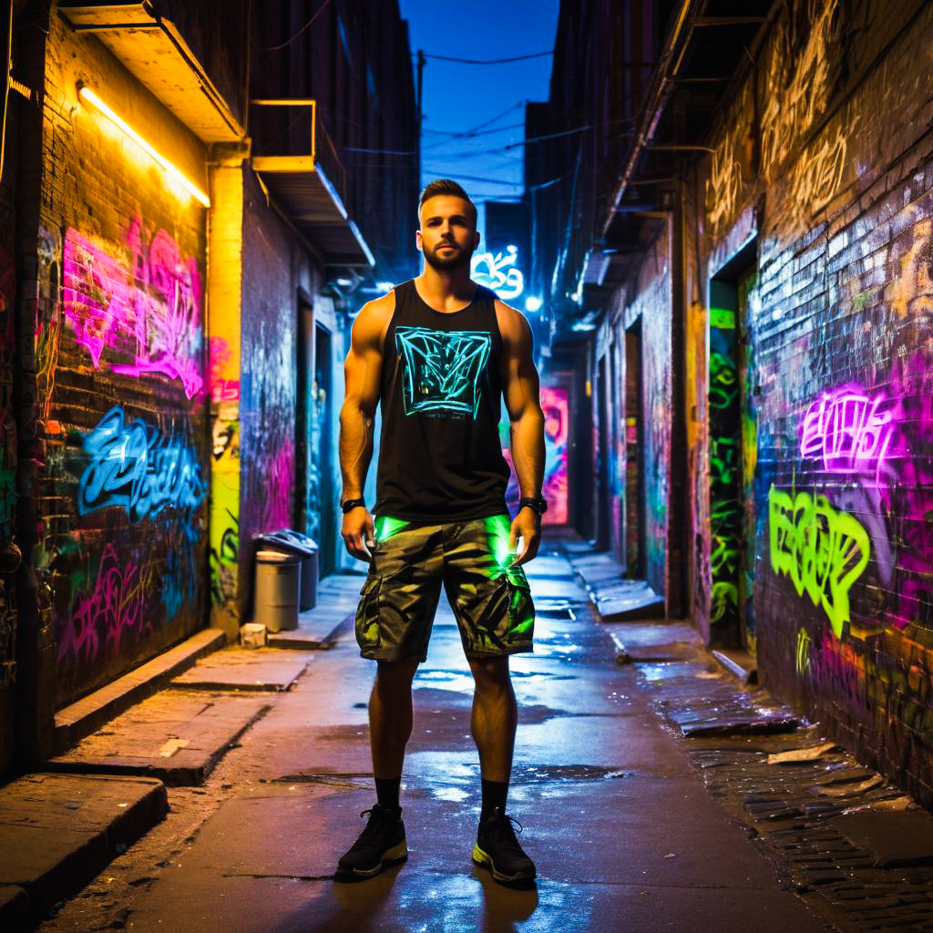 Muscular Man in Neon Alleyway