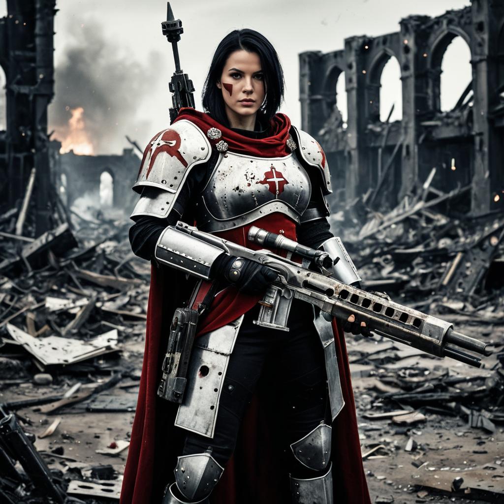 Futuristic Woman Warrior in Medieval Armor Holding Rifle in Post-Apocalyptic Ruins