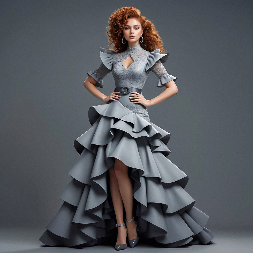 Confident Woman in Gray Gown with Curly Red Hair Confident Woman in Gray Gown with Curly Red Hair