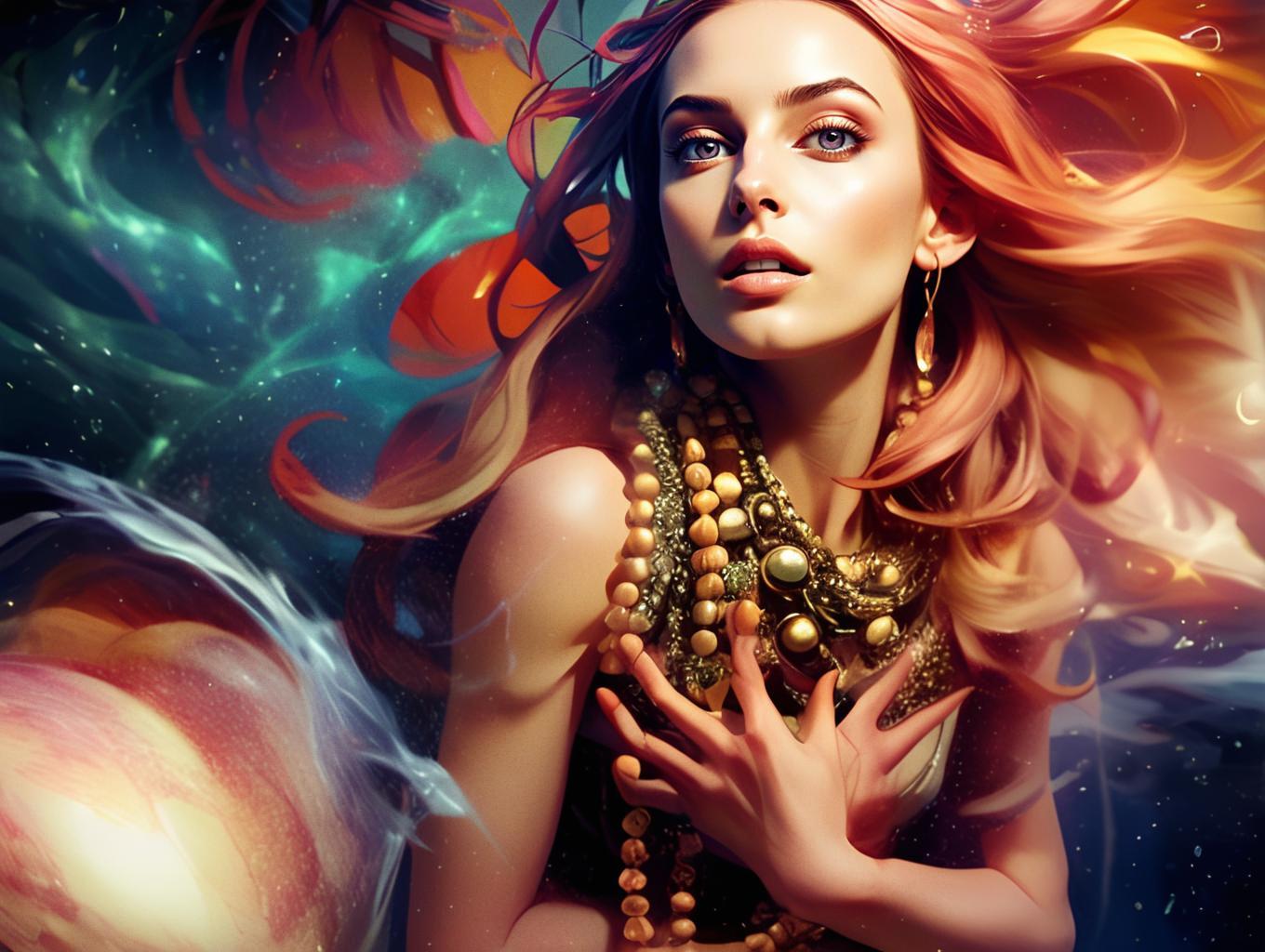 Fantasy Digital Portrait of Woman with Fiery Hair and Ethereal Beaded Jewelry