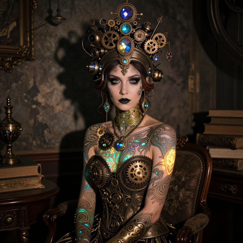 Steampunk Woman in Ornate Gear Adorned Costume with Glowing Jewels