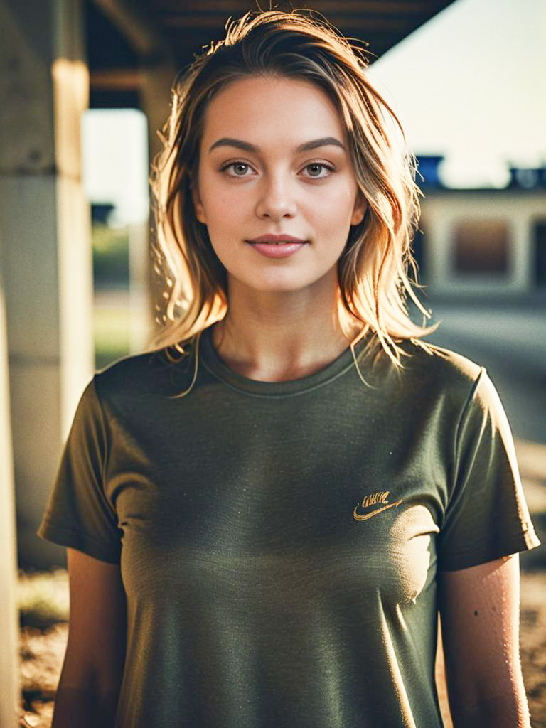 Confident Young Woman in Olive Green Nike Shirt Outdoors