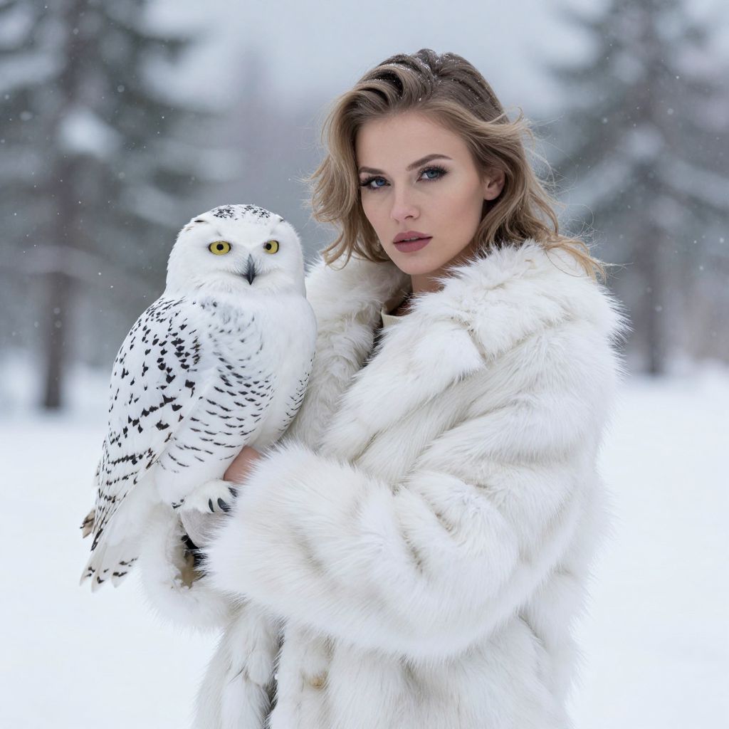 Elegant Woman Holding Snowy Owl in Winter Landscape