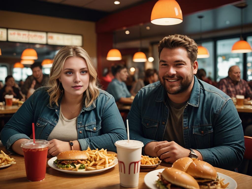 Couple Enjoying Fast Food Meal at Restaurant