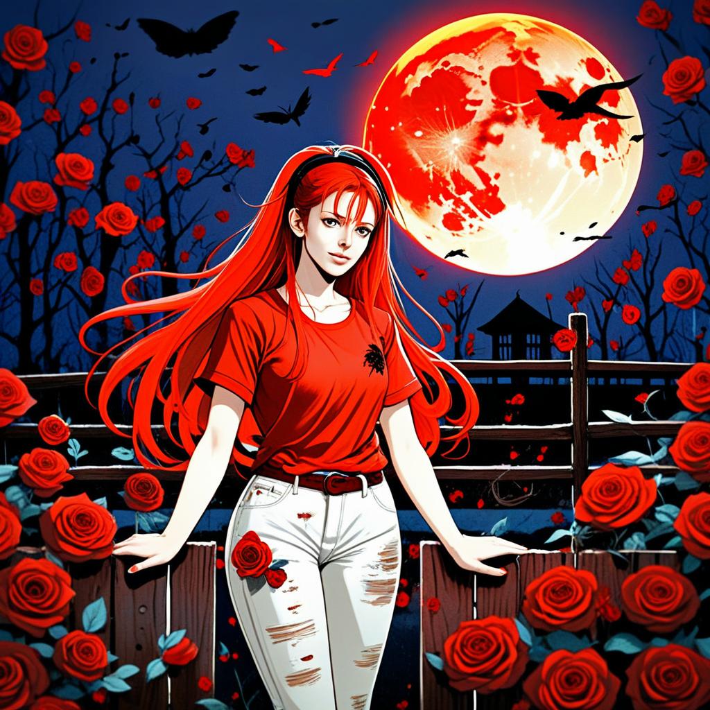 Woman with Red Hair by Fence and Roses Under Full Moon Woman with Red Hair by Fence and Roses Under Full Moon