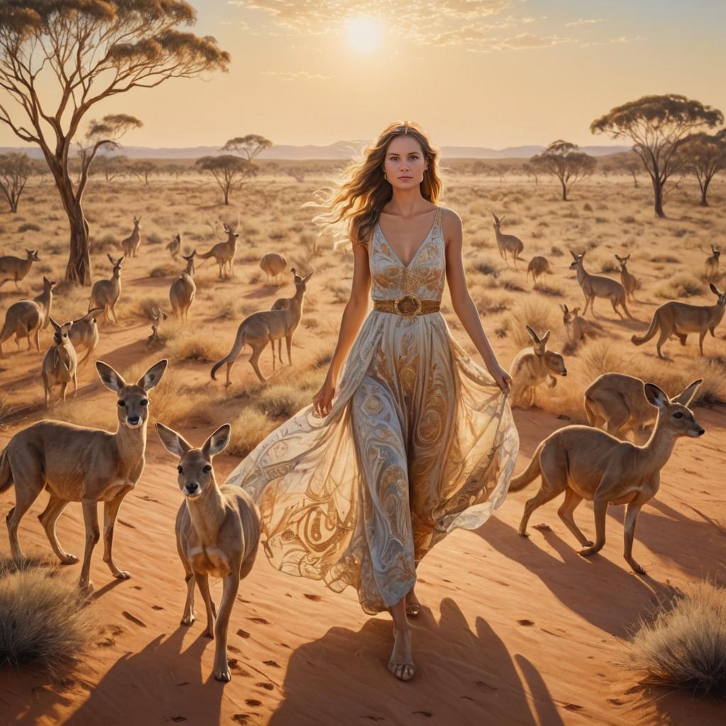 Woman in Elegant Dress with Kangaroos at Sunset in Australia