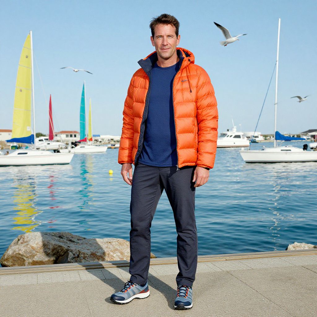 Man in Orange Puffer Jacket by Marina with Sailboats and Seagulls