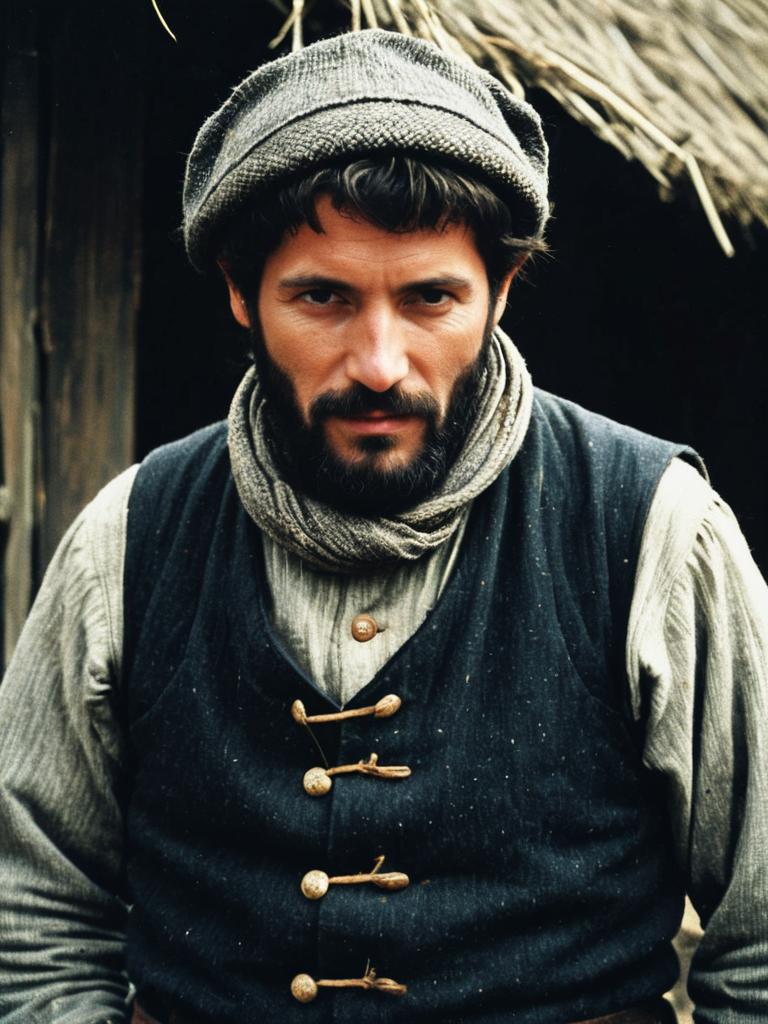 Man in Traditional Peasant Clothing Wearing Wool Cap and Rustic Vest