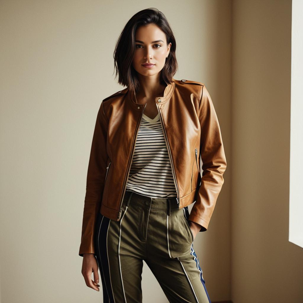 Stylish Woman Wearing Tan Leather Jacket and Striped Shirt Indoors