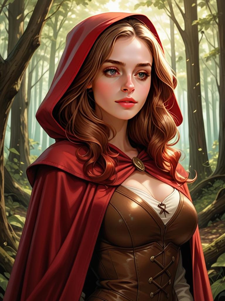 Woman in Red Cloak in Sunlit Forest Woman in Red Cloak in Sunlit Forest