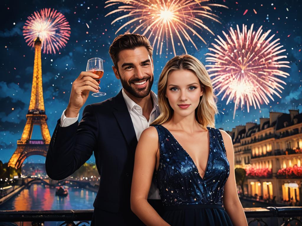 Couple Toasting with Champagne by Eiffel Tower and Fireworks