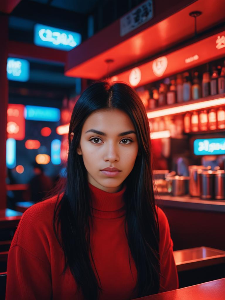 Portrait of a Girl in Red Sweater with Neon Lights