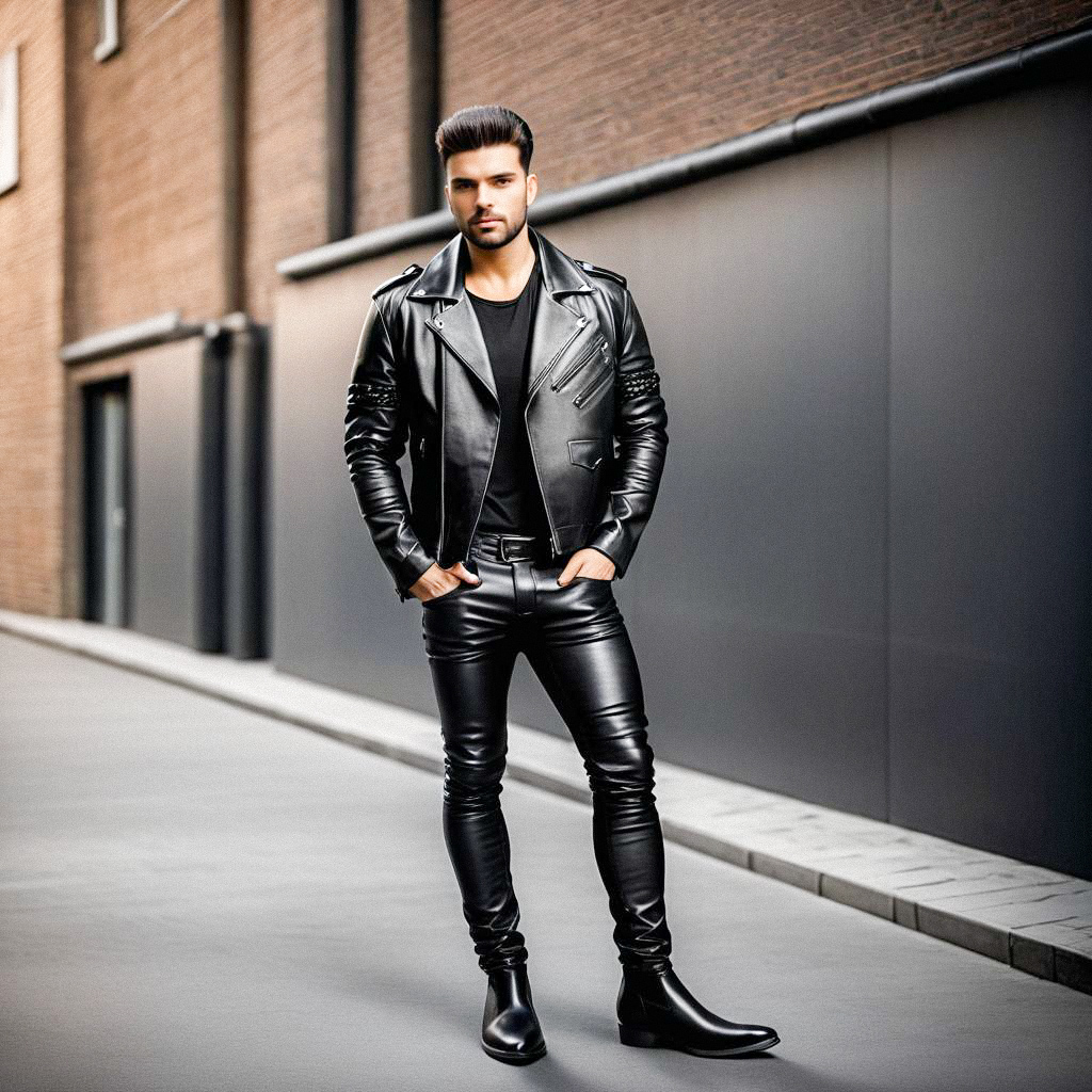 Stylish Man in Black Leather Outfit