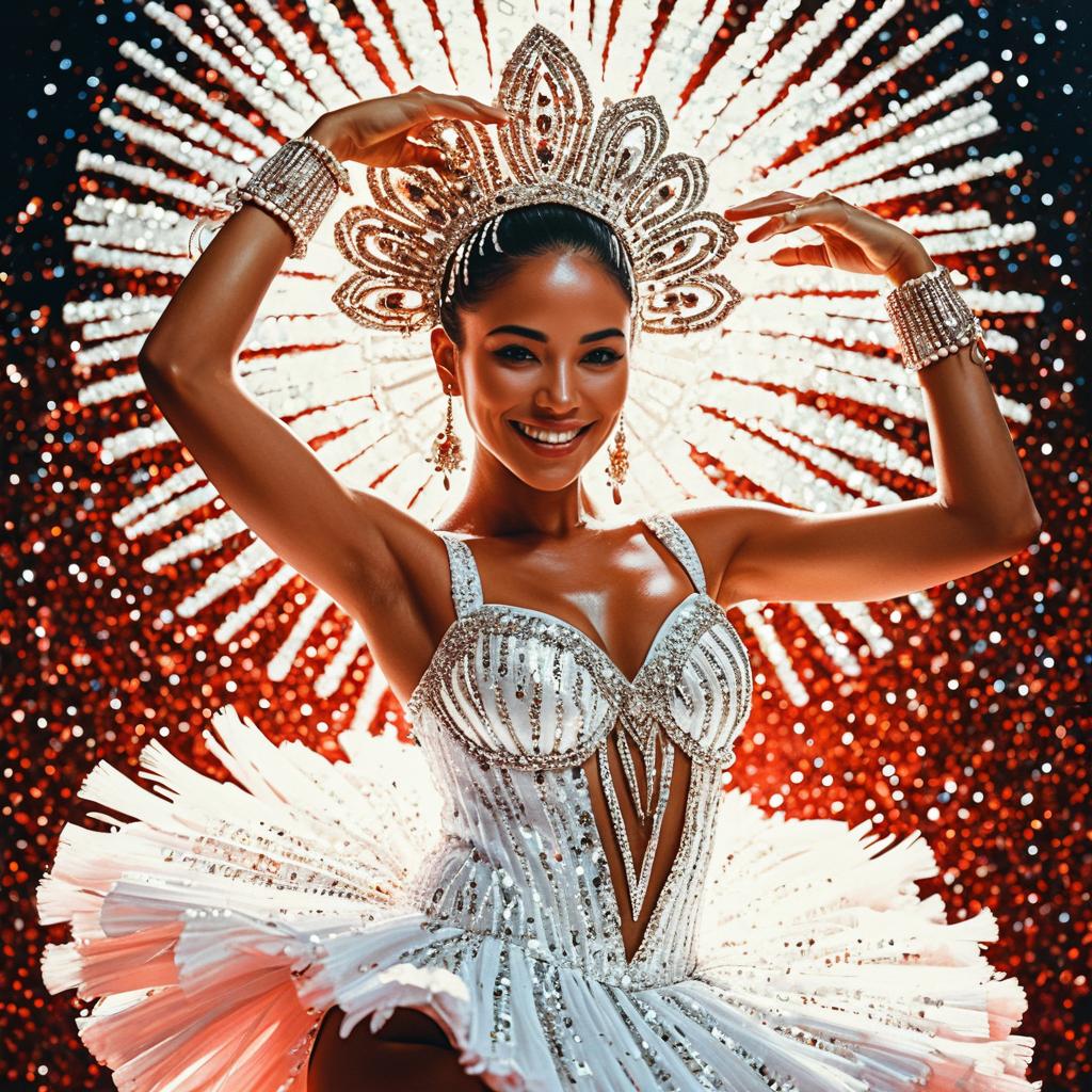 Radiant Woman in Jeweled White Carnival Costume with Sparkling Lights Background