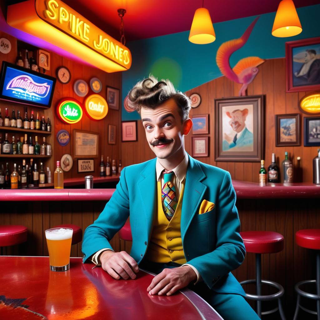 Man with Unique Hairstyle in Colorful Suit at Retro Bar