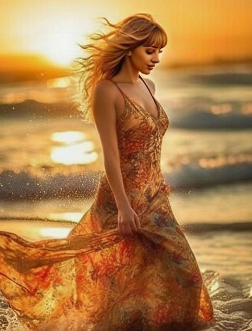 Woman in Flowing Dress Walking on Beach at Sunset