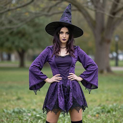 Woman in Purple Witch Costume Outdoors Halloween Dress