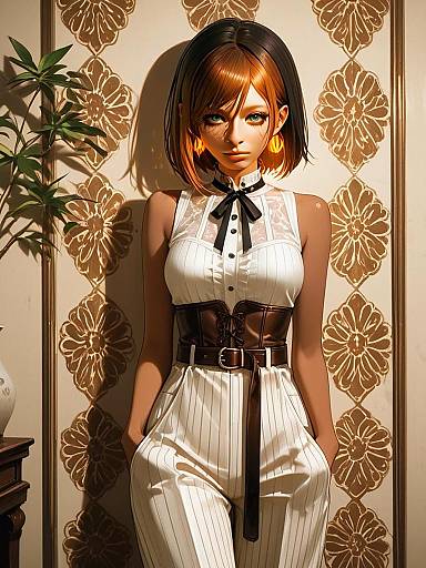 Fashionable Woman in White Pinstriped Outfit with Corset Belt Digital Art