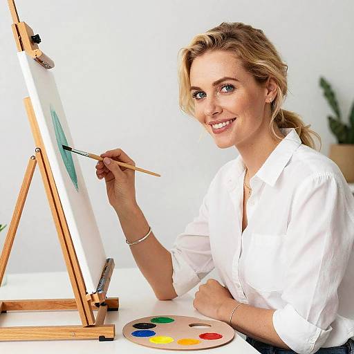 Woman Painting on Canvas with Colorful Palette and Wooden Easel
