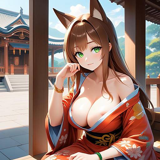 Anime Fox-Eared Woman in Traditional Kimono at Japanese Temple