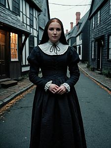 Young Woman in Colonial Dress on Historic Street