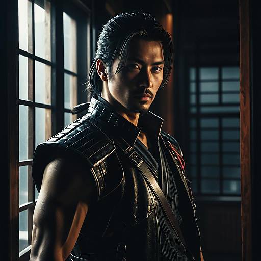 Intense Asian Samurai Warrior in Traditional Armor Near Window