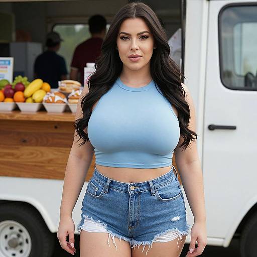 Confident Woman in Blue Crop Top and Denim Shorts by Food Truck
