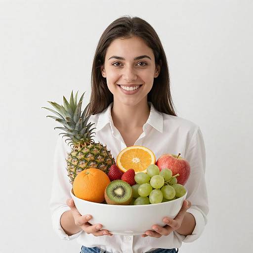 Smiling Woman Holding Bowl of Fresh Mixed Fruits