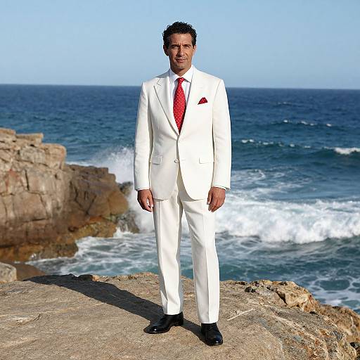 Man in White Suit with Red Tie Standing on Rocky Ocean Cliff