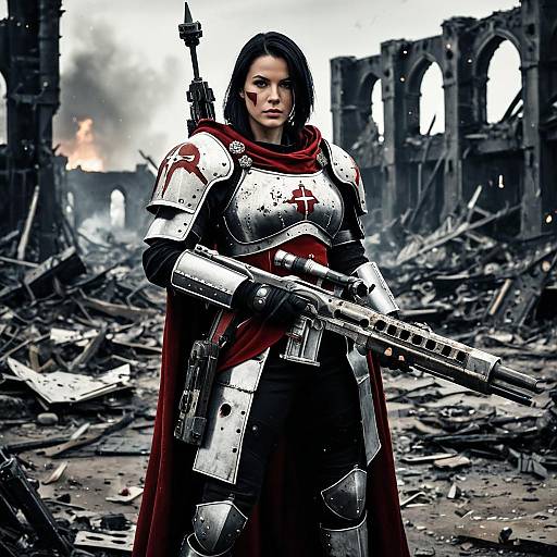 Futuristic Woman Warrior in Medieval Armor Holding Rifle in Post-Apocalyptic Ruins