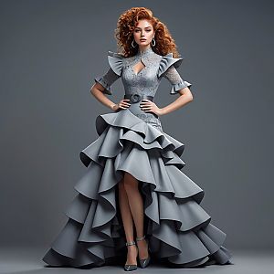 Confident Woman in Gray Gown with Curly Red Hair
