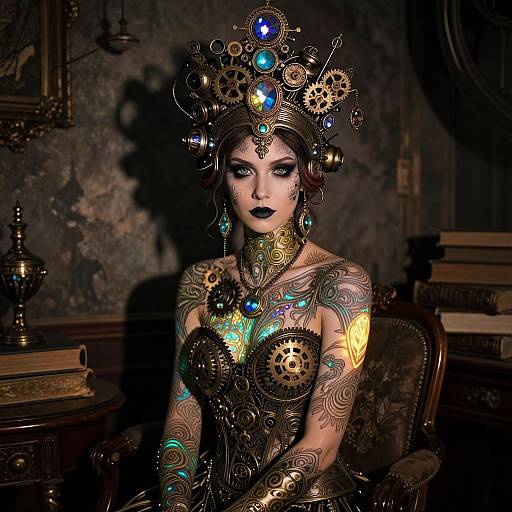Steampunk Woman in Ornate Gear Adorned Costume with Glowing Jewels