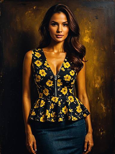 Woman Wearing Casual Chic Sleeveless White Peplum Top with Black Yellow Floral Print