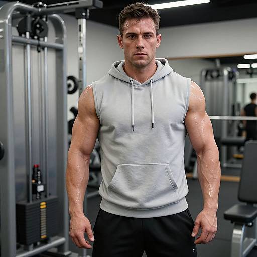 Muscular Man in Gray Sleeveless Hoodie at Gym Workout