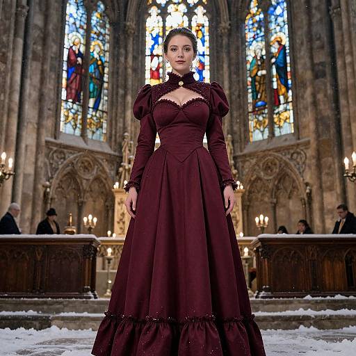 Woman in Victorian Burgundy Dress in Cathedral with Stained Glass