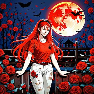 Woman with Red Hair by Fence and Roses Under Full Moon