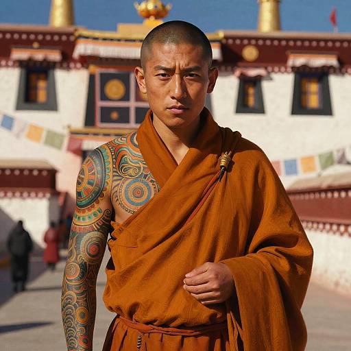 Young Buddhist Monk With Full Arm Tattoo in Traditional Orange Robes