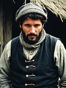 Man in Traditional Peasant Clothing Wearing Wool Cap and Rustic Vest