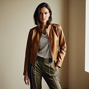Stylish Woman Wearing Tan Leather Jacket and Striped Shirt Indoors