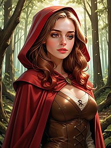 Woman in Red Cloak in Sunlit Forest