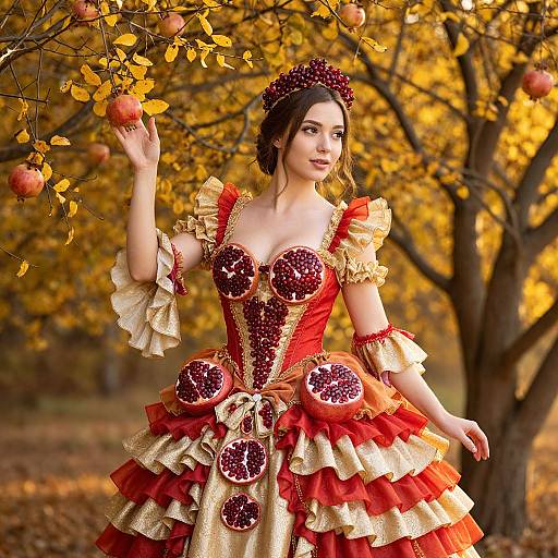 Woman in Autumn Pomegranate Costume Outdoors