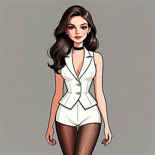 Stylish Woman in White Tailored Vest and Shorts with Sheer Black Tights Illustration