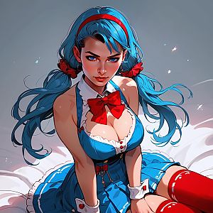 Vibrant Anime-Style Woman with Blue Twin Tails and Red Bow Outfit Digital Art