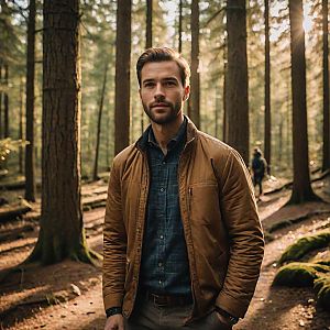 Confident Man in Forest with Brown Jacket