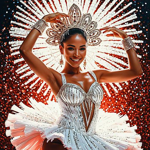 Radiant Woman in Jeweled White Carnival Costume with Sparkling Lights Background