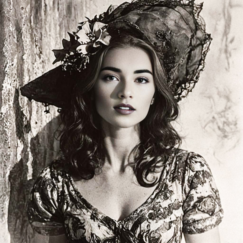 Vintage Woman in Elegant Hat and Floral Dress