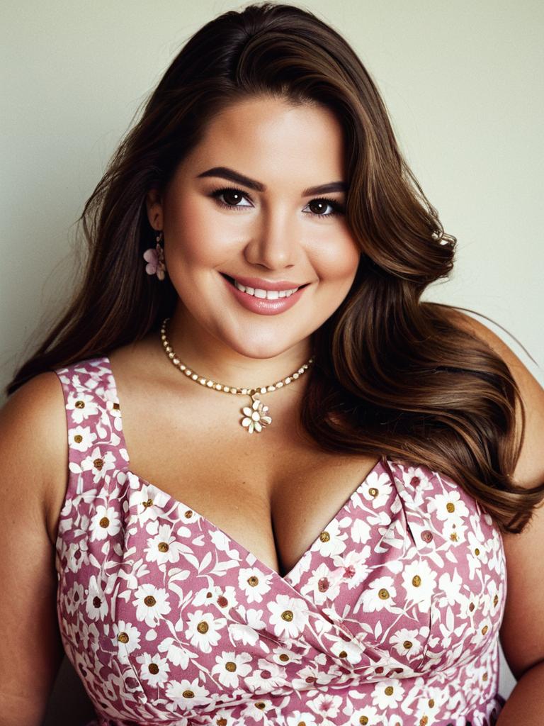 Plus Size Woman Wearing Pink Floral Dress with Long Brown Hair