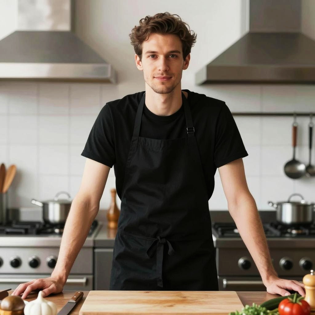 Young Man in Black Apron Cooking in Modern Kitchen
